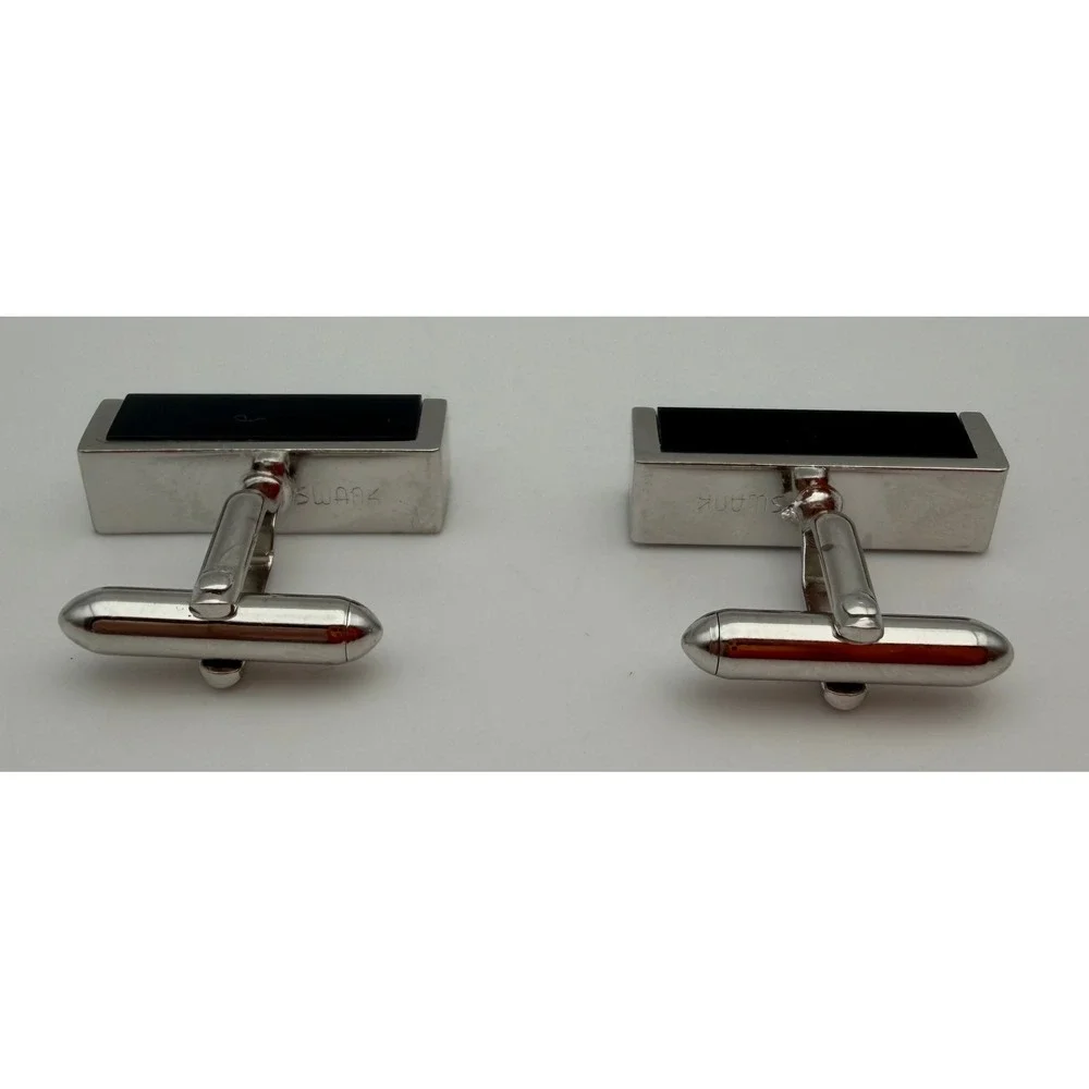 Vintage Swank Mens Silver Tone Black Onyx Rectangular Bar Cufflinks Mid Century